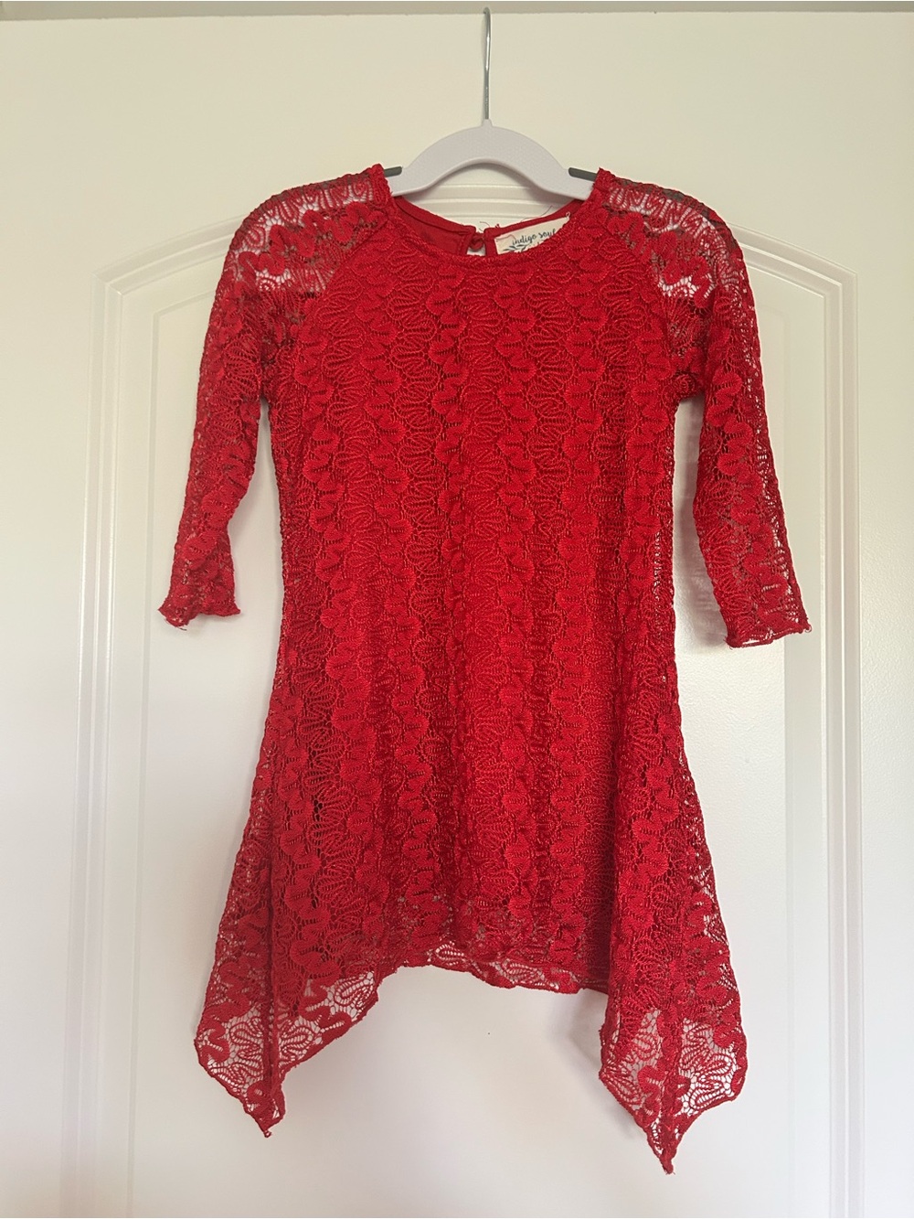 indigo soul Red Lace Handkerchief-Hem Girls Dress